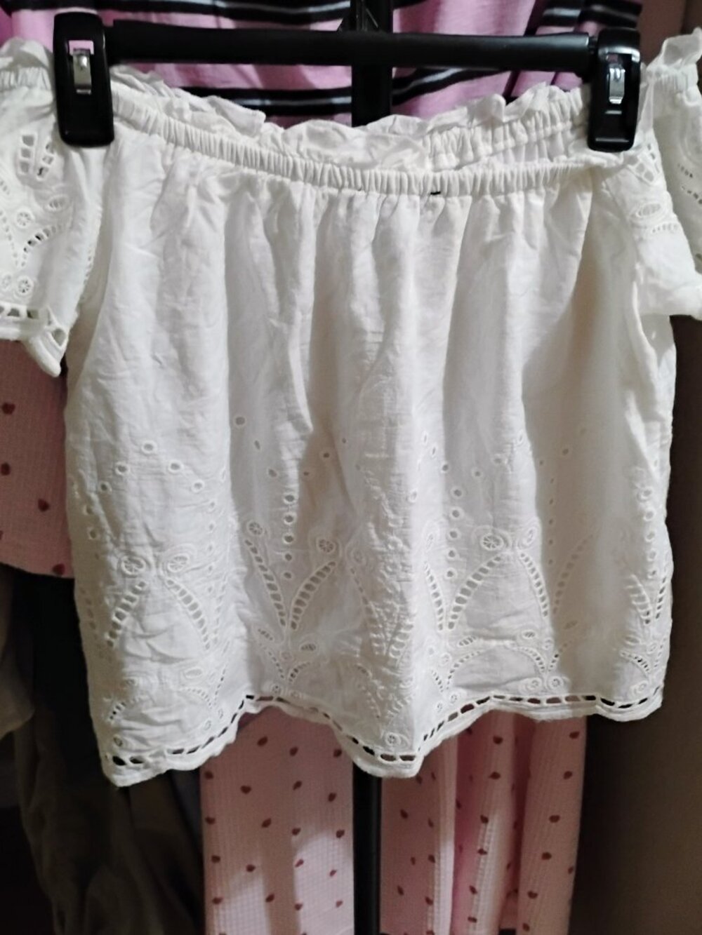 Eyelet lace cropped off shoulder blouse